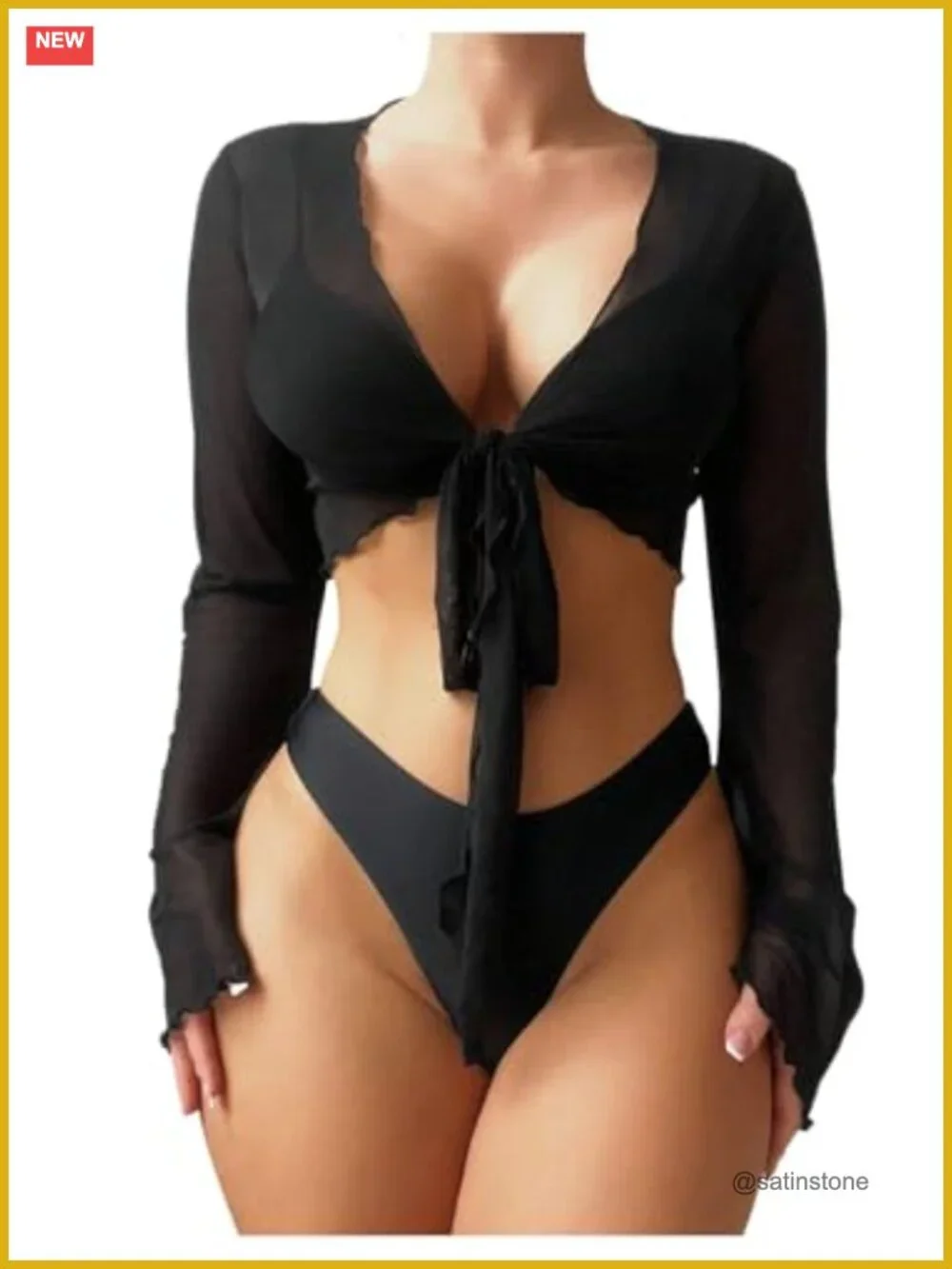 Sheer Mesh Tie Front Long Sleeve Swimsuit Cover Up Top